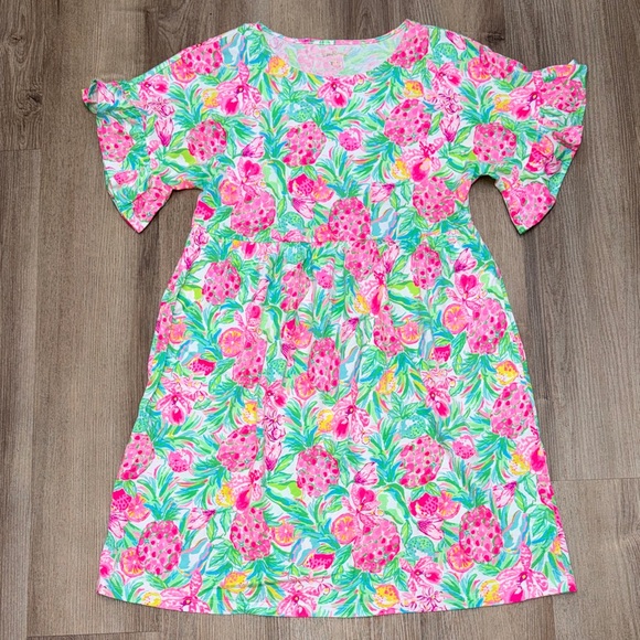 Lilly Pulitzer Tiltson Swing Midi Dress Hot Pink Green Floral Ruffles Medium - Picture 2 of 15